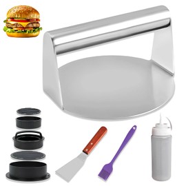 Burger Press, 304 Stainless Steel Smash Burger Press for Griddle with Squeeze Bottles, Hamburger Press, 6.3 Inches Burger Smasher, Meat Press Maker with Spatula & 3 in 1 Hamburger Patty Maker