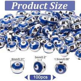 NBEADS 100 Pcs Enamel Evil Eye Beads, 8mm Flat Round Evil Eye Beads with Silver Edge Turkish Evil Eye Spacer Beads for Jewelry Making DIY Necklace Bracelet Earring Crafts