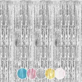 ILLUVA 2 Pack Metallic Tinsel Foil Fringe Curtains, Photo Booth Backdrop Hanging Door Streamers for Birthday Party Decorations, 3.2Ft x 6.56Ft (Silver)