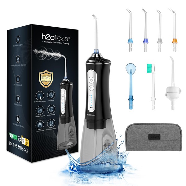 H2ofloss Cordless Oral Irrigator for Teeth, IPX7 Waterproof Oral Irrigator with 5 Modes and 7 Jets, USB Rechargeable and 300ml for 30 Days Home Use / Travel