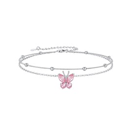 Cute Butterfly Anklet for Women Pink Stone Charm Layer Ankle Bracelet with Bead Chain,Waterproof October Birthstone Beach Anklet