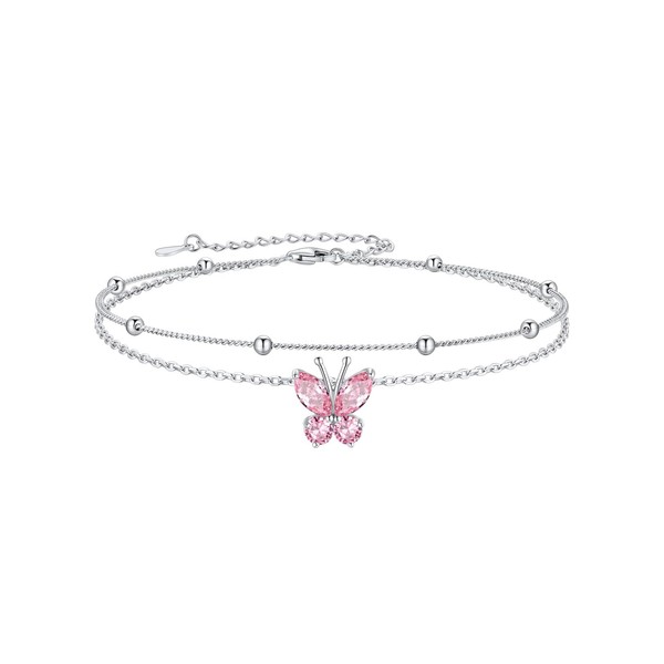 Cute Butterfly Anklet for Women Pink Stone Charm Layer Ankle