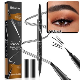 Hello Kiss Eyebrow Pen, 2 in 1 Dual-ended Natural 4 Fork Tip Liquid Eyebrow Pencil, New Upgraded Waterproof Microblading Eyebrow Pencil, Natural Long-Lasting - Color: 04#Black