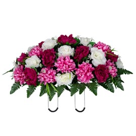 Sympathy Silks 30" Headstone Flower Saddle Artificial Cemetery Flowers - Gravesite Flowers - White Roses and Pink Peony