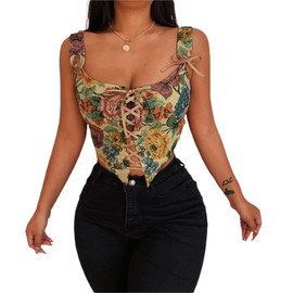 Bowanadacles Women Vintage Floral Camisole Flower Embroidery Pattern Tight Vest Drawstring Tie-up Tank Top Suspender Corset