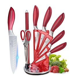 Knife Block Set,8-piece Kitchen Knife Set with Rotatable Storage Stand, Stainless Steel Sharp Knife Set, Chef Knife Set for Kitchen with Sharpener for Cutting Slicing Dicing Chopping (Red)