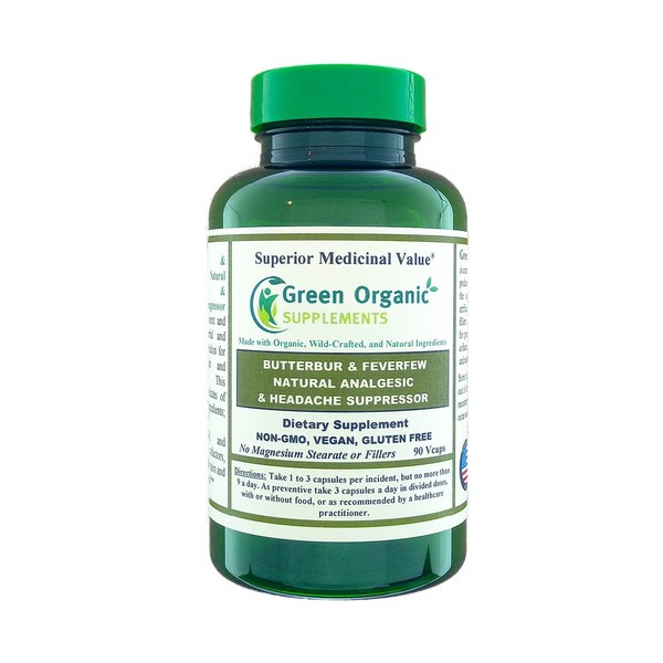 Green Organic Supplements Butterbur, Feverfew, Analgesic, Painkiller, & Headache Suppressor, 90 VCaps, High Absorbable, Non-GMO, Gluten-Free