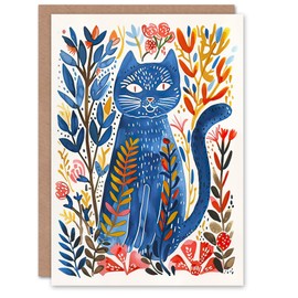 Artery8 Greeting Card Russian Blue Cat Lover Fun Botanical Folk Art Blank For Him Or Her Art Birthday Card