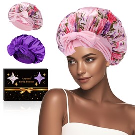 Arqumi 2 Pcs Satin Silk Bonnet for Sleeping Women, Long Strap Tie Band Adjustable Sleep Night Cap Curly Hair Bonnet Wrap for Braids Mother's Day Girls Gifts, Purple+ Pink Flower Pattern (Large)
