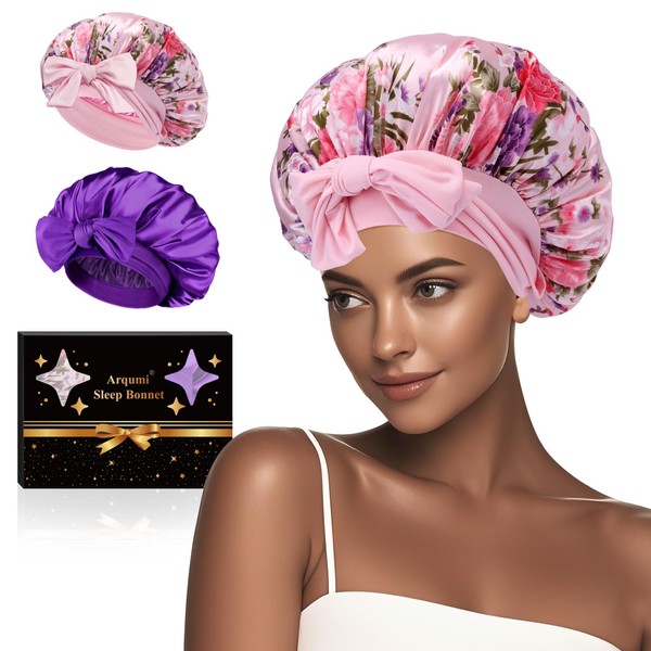 Arqumi 2 Pcs Satin Silk Bonnet for Sleeping Women, Long