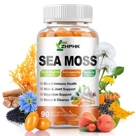 Organic Sea Moss Softgels with Black Seed Oil, Ashwagandha, Burdock, Turmeric,Omega 3, Vitamin C Vitamin D3 for Immune System, Skin, Joint, Energy, Gut Support 90 Softgel