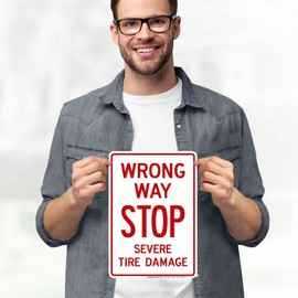 Wrong Way Stop Severe Tire Damage Sign, 10x7 Inches, 4 Mil Vinyl Decal Stickers Weather Resistant, Made in USA by My Sign Center