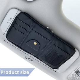 Norkmdi Car Sun Visor Organizer, Multi-Pocket Leather Vehicle Visor Storage Pouch & Sunglasses Holder, Auto Interior Document Card Holder with Double Zipper, Universal for Truck SUV Sedan (Black)