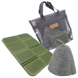 FutagoNa Sauna Introduction Set, Sauna Hat, Sauna Mat, Mesh Bag, Prevents Blurring, Portable, Washable