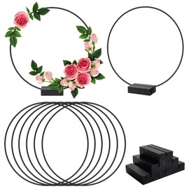 Forbabe Pack of 8 Metal Rings for Crafts with Base Diameter 30 cm Black Metal Ring Set with Wooden Stands Dream Catcher Craft Decorative Rings for Hanging Decoration Rings for DIY Wedding Table Decorations Crafts