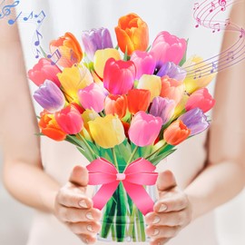 3D Popup Mother's Day Card | Musical Lights Up Tulips Bouquet Cards | Decorative Floral Bouquet Greeting Cards | Includes Envelope and Blank Note Card | Perfect for Birthday, Anniversary, All Occasion