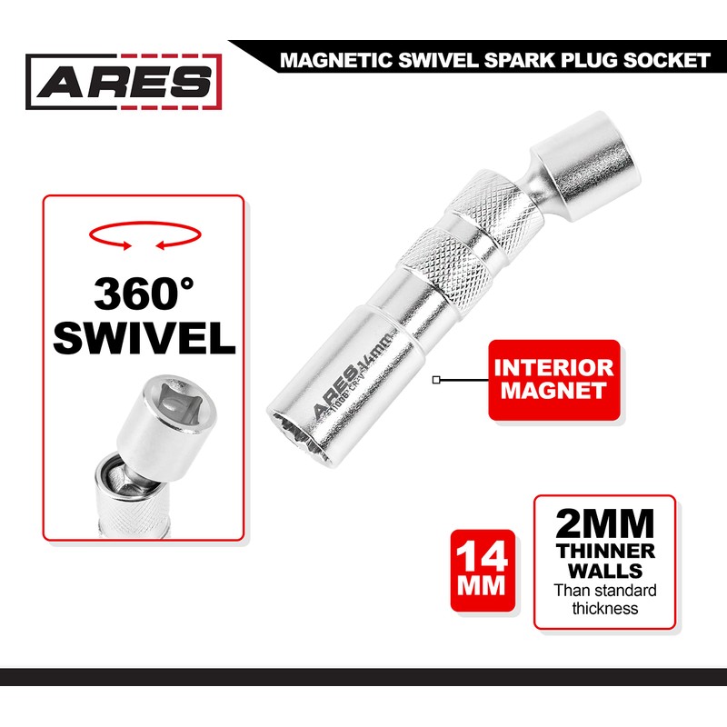 ARES 11000-14mm Thin Wall Magnetic Swivel Spark Plug Socket -