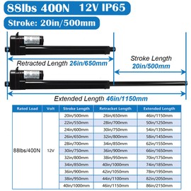 KM-LINEARTECH 20 Inch 20" 500mm High Speed 1.34"/s 34mm/s 400N 88lbs DC12V Heavy Duty Electric Linear Motion Actuator Motor with Mounting Brackets IP65