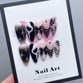 VGNRAR Goth Halloween Press on Nails Medium Almond Fake Nails with Sparkling Rhinestone Design Halloween Style French Tip False Nail Black Bow Charms Acrylic False Nails Stick on Nail for Women 30Pcs