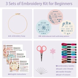 Offizon 3 PCS Embroidery Kit for Beginners - Cross Stitch DIY Craft Set, Easiest Embroidery Accessories & Hoop Included, Hand Embroidery Kit for Adults Stitching Sewing Kit Gift | Easy Flower Pattern