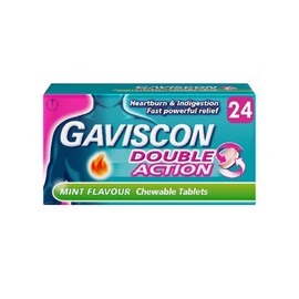 Gaviscon Double Action, Chewable tablets, Mint, 24 tablets, Heartburn & Indigestion, Fast powerful relief, Gets to work in minutes, Dual relief on the go, Targets Heartburn and indigestion instantly