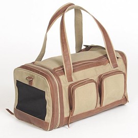 Dogstuff Depot Pet Deluxe Travel Carrier – Tough Khaki Organic Cotton Canvas with Genuine Leather Accents