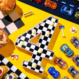 Maxcheck Racing Car Light up Numbers Black and White Checkerboard Print Decorative LED Light Number Sign Race Car Theme Birthday Party Decorations Checkered Flag Party Supplies(Number 4)