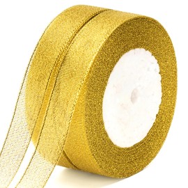 G2PLUS Gold Organza Gift Wrap Ribbon, 20mm Sparkly Decorative Christmas Ribbon, Ribbon for Gift Wrapping 44M Glitter Metallic Ribbon for Christmas Easter Wrapping Gift Craft, 2 Roll x 22M