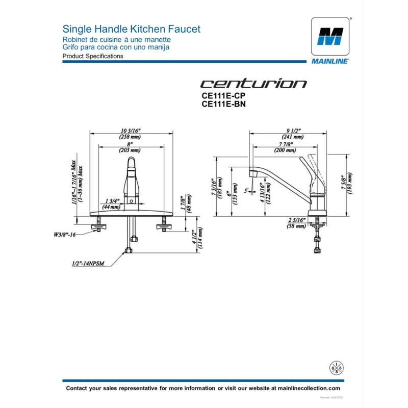 MAINLINE Centurion Single Handle Kitchen Faucet 1.5GPM #CE111E-CP BRAND NEW