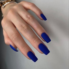 Royal Blue Nails Press ons, Press on Nails Medium Square Glue on Nails Short Acrylic Glue on Medium Coffin Nail Gel Fake Nail False for Women, Thick Solid Color 24Pcs