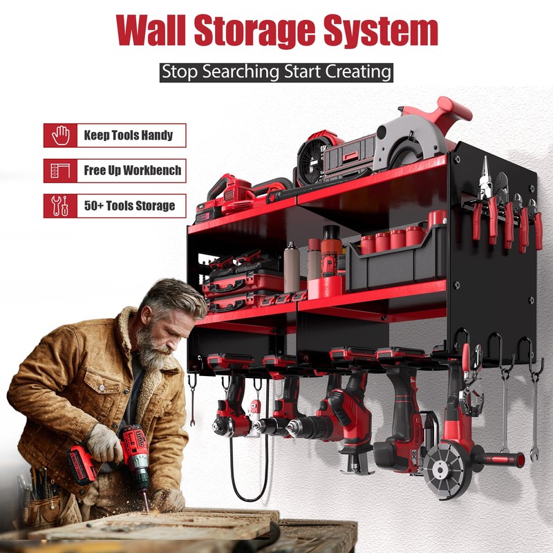 Spampur Power Tool Organizer Wall Mount with 4-Outlet Power Strip,