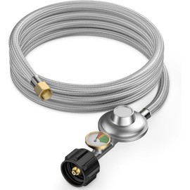 only fire 12 Feet Propane Regulator Hose with Gauge,Fits for Fire Pit, Heater, Grill and More, Stainless Steel Braided Gas Hose with 3/8" Female Flare Fitting,QCC-1 Connection
