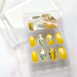 Short Press on Nails Easter Oval Shape Fake Nails Cute Bright Yellow Rabbit False Nails Artificial Square with Branch Flower Designs Acrylic Nails Easter Lovely Bunny Glue on Nails for Women
