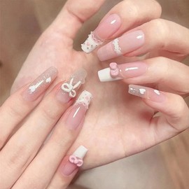 30PCS French False Nails with Glue, Square Stick On Nails Medium Long, Flash Fake Nails with 3D Bow Heart Flash, Acrylic Full Cover French Press On Nails for Women Girls Nails Art Accessories