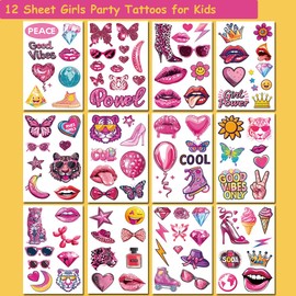 Hohamn Party Tattoos for Girls Women, 100 Styles Pink Girls Party Temporary Tattoos for Girls Birthday Party Supplies Gifts Decoration