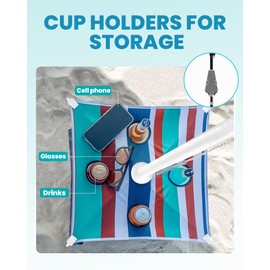 OutdoorMaster Beach Umbrellas with Sandbag & Anchor with 4 Cup Holder, 6.5ft Adjustable Umbrella for Beach Heavy Duty Wind, Portable UPF50+ Sunshade with Carry Bag for Patio,Blue Red with Cup Holder