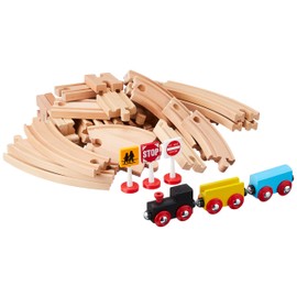 maxim enterprise, inc. 101 Pc Ultimate Wooden Train Tracks Expansion Pack, Wood Tracks to Upgrade Railway, Straight Curved & Connector Tracks, Engine, Cars, Trees, Signs, Compatible with Major Brands