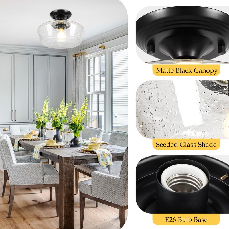 Goosebrite Schoolhouse Style Light Fixture, 12" Black Semi Flush Mount