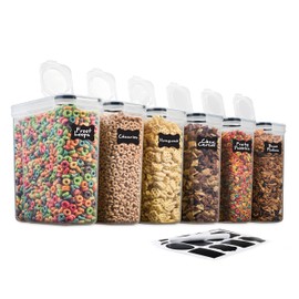 6 Pack Airtight Cereal Food Storage Container - BPA Free Plastic Kitchen and Pantry Organization Canisters for, Dry Pet Food, Flour, Sugar, Rice, Nuts, Snacks & More (135.5 Oz) Labels & Chalk Marker