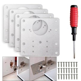 Foxy Hinge Repair, 4 Plates Repair kit for Cabinet Hinge, Stainless Steel, Supports cabinets Doors, for (Hinge Size: 35mm. 1.3in), 19 drilled Holes. (4 Plates + 1 Screwdriver + 24 Screws)