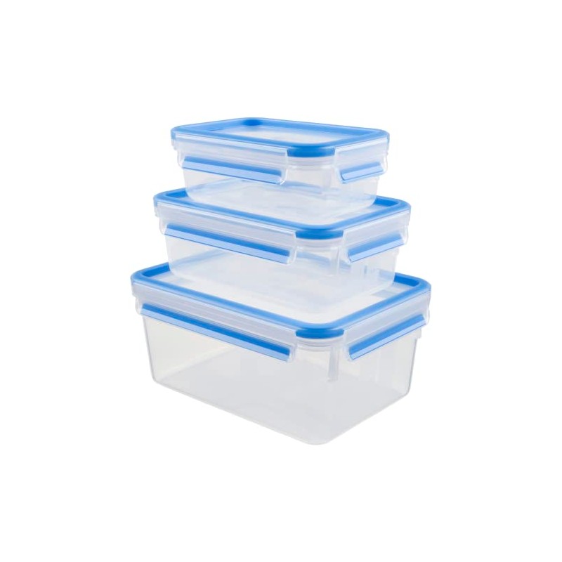 Tefal Master Seal Fresh Food Storage, Clear/Blue, 0.55/1/2.3 Litre, 3-Piece