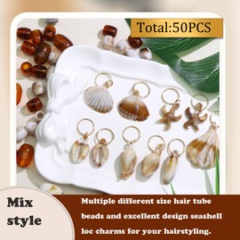 VENOFEN 50PCS Shell Hair Jewelry for Braids Acrylic Starfish Loc Dreadlock Charms Tansparent Brown White Braid Beads Large Size Hair Tube Bead for Women