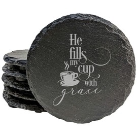 Faith and Hope: Laser Etched Slate Coasters: Christian Gift - "He Fills My Cup with Grace" - Round Slate - set of 8