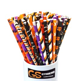 Halloween Party Paper Straws Black and Orange Purple Pumpkins Bats Skulls Patterns 8 Color Mixed Biodegradable Drinking Straws Pack of 100