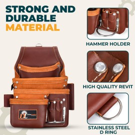 Daisy Leather Tool Bag - Pro 505 Premium Oil Tanned 13 Pockets with Speed Square Pocket Pouch Leather Bags, Multipurpose Tool Organizer for Handyman, Electrician & Carpenter Tool Bags, XL (Cherry)