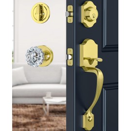 Calzibeno Satin Brass Front Door Handle and Deadbolt Set, Front Door Lock Set with Crystal Glass Door Knob, Exterior Door Lock Set with Single Cylinder, Reversible for Right & Left, Gold