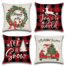 Sungeek Set of 4 Christmas Cushion Covers, Linen Decorative Cushion Covers, Plaid Santa Claus Decorative Cushion Cover for Sofa, Couch, Bedroom, Living Room (50 x 50 cm, Red Truck)