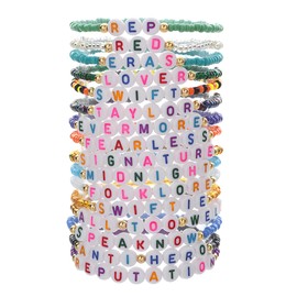 AMZNEVO Vibrant Friendship Bracelets, Set of 16 Beaded and Heishi Bracelets, Album-Inspired Letter Designs, Trendy Preppy Stackable Surfer Bracelets