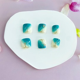 Short Square Press on Toenails Summer Fake Toe Nails with Designs Rhinestone Gel Glue on Toenails Blue Gradient Acrylic Toe Nails Glitter Full Cover Stick on Toenails for Coquette Women