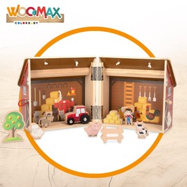 WOOMAX 49371 Wooden Animal Farm, 9 Pieces, with Carry Handles, +3 Years